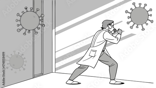 Healthcare worker pushing against virus medical illustration covid-19 pandemic prevention safety protection health disease illness infection quarantine isolation respirator mask do.