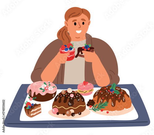 Happy woman sits at table and eats sweets. Delicious buns and cupcakes. Unhealthy lifestyle. Overweight hungry girl with dessert cakes and pies. Overeating disorder. Vector concept