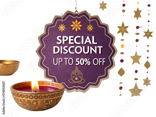 Special discount up to 50 off on a festive background with diyas and stars, isolated on transparent background