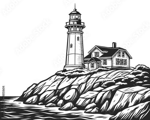 Vintage Hand-Drawn Lighthouse on Rocky Cliff – Black and White Ink Sketch Illustration. dramatic black and white drawing of a lonely lighthouse on a rocky coast.