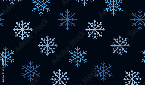 Seamless pattern with various snowflakes on dark background. Hand-drawn minimalist style, vector format, soft blue shades with smooth flat textures. Ideal for winter cards, gift wraps, fabric designs,