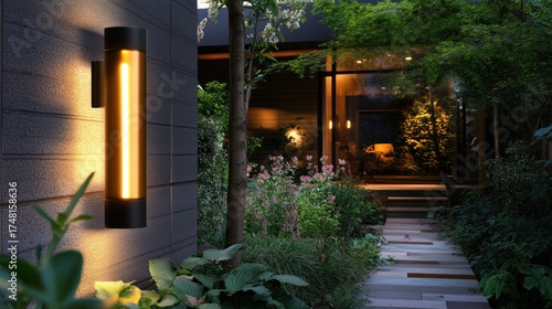 Outdoor wall lamp illuminating a garden path