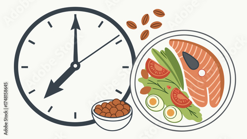 Healthy Meal Plan Time Management Diet Clock Food Illustration Balanced Nutrition Breakfast Lunch Dinner Timetable Schedule Healthy Eating Dietary Habits Wellness Lifestyle Graphic.