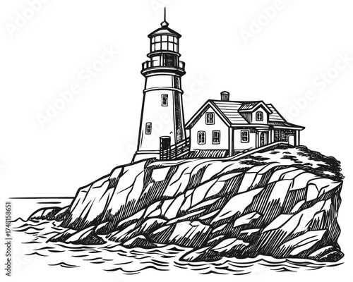 Vintage Hand-Drawn Lighthouse on Rocky Cliff – Black and White Ink Sketch Illustration. dramatic black and white drawing of a lonely lighthouse on a rocky coast.