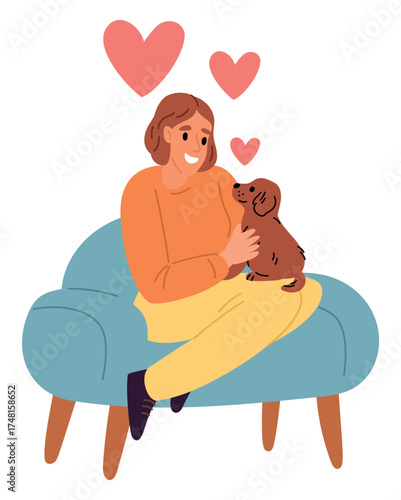 Happy girl hugs little puppy while sitting in chair. Love for dog. Pet owner embracing domestic animal on cozy armchair. Red hearts. Woman caring of canine mammal on sofa. Vector concept