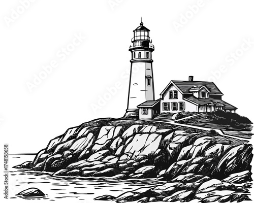 Vintage Hand-Drawn Lighthouse on Rocky Cliff – Black and White Ink Sketch Illustration. dramatic black and white drawing of a lonely lighthouse on a rocky coast.