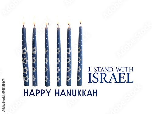 Six blue hanukkah candles with white stars, isolated on transparent background, with text i stand with israel and happy hanukkah