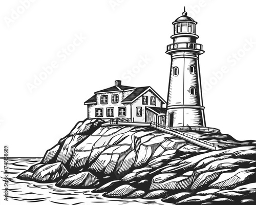 Vintage Hand-Drawn Lighthouse on Rocky Cliff – Black and White Ink Sketch Illustration. dramatic black and white drawing of a lonely lighthouse on a rocky coast.