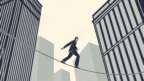 Businessperson walking tightrope between skyscrapers risk challenge balance success ambition career corporate modern graphic design illustration vector artwork financial strategy f.