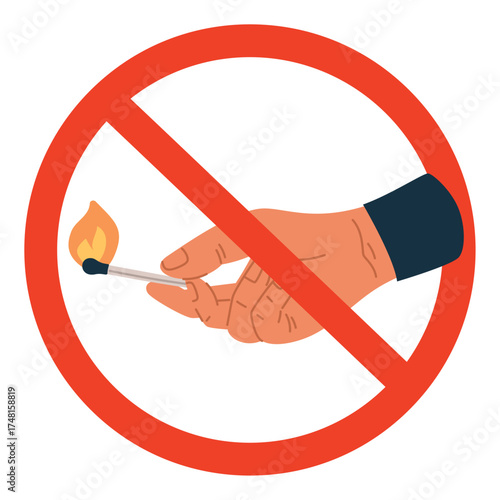 Hand holds burning match in red prohibition sign. Circle crossed symbol of fire forbidden. Arm with blazing matchstick. No ignition. Restricted bonfire. Banning open flames vector icon