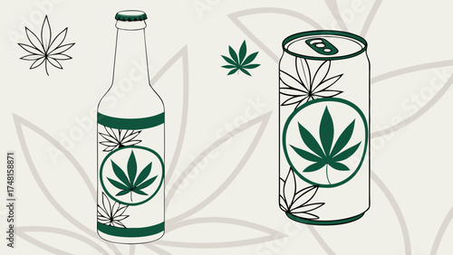 Cannabis beverage bottle and can design hemp leaf logo drink packaging mockup green and white color scheme vector illustration.