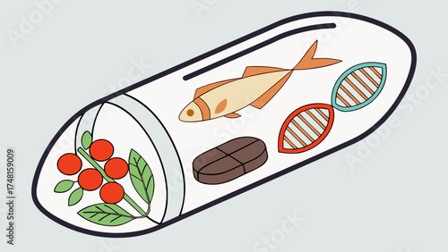 Capsule illustration with fish berries and DNA health supplement concept dietary supplement healthcare medicine nutrition vitamins omega 3 genetics natural ingredients wellness graph.