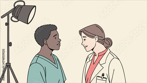 Illustration of a Doctor and Patient Talking in a Studio Setting.