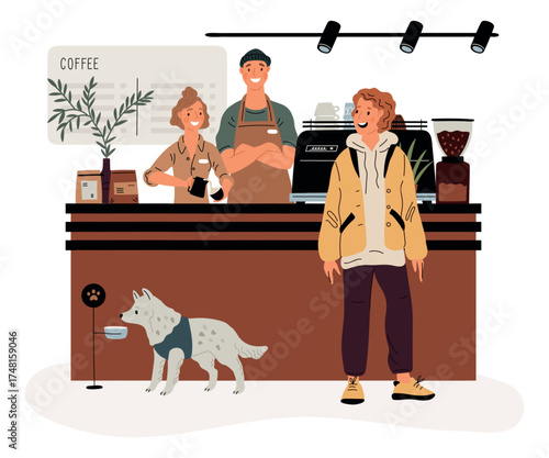 Coffee shop visitors. Restaurant customers. People in cafe. Pet owner drinks espresso. Professional barista behind counter makes cappuccino. Coffeehouse interior. Garish vector concept