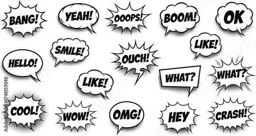 Comic speech bubble vector set, pop art exclamations clipart, cartoon typography design, expressive word icons, graphic sound effects illustration collection