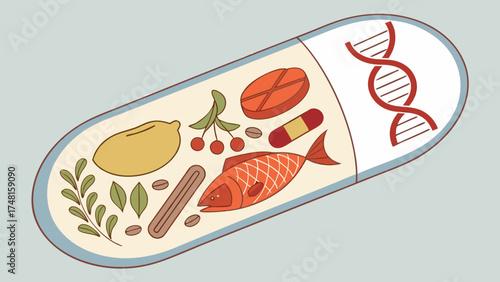 Capsule DNA Healthy Lifestyle Nutrition Vitamins Supplements Food Diet Healthcare Medicine Wellness Genetic Gene Science Medical Illustration Graphic Design Illustration Concept.