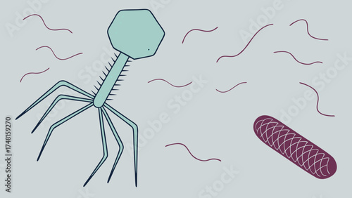 Illustration of Bacteriophage and Bacteria Microbiology Science Virus Cell Medical Healthcare Biology Education Research Graphic Design Vector Flat Simple Clean Modern Minimalist.