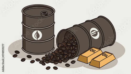 Illustration of coffee beans spilling from an oil barrel next to gold bars symbolizing commodity trading and market fluctuations.