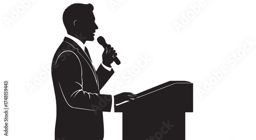 Silhouette of a man in a suit speaking into a microphone at a podium, isolated on transparent background