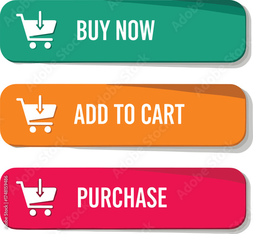 E-commerce button vector set, colorful shopping cart icons, buy now and add to cart clipart, online purchase design, digital retail interface graphic