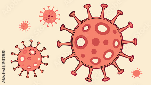 Cartoon illustration of virus cells microscopic pathogen medical design infectious disease healthcare concept biology science virology pandemic epidemic outbreak illness sickness inf.
