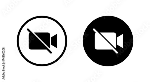 Video camera off icon in black circle. Disabled webcam symbol