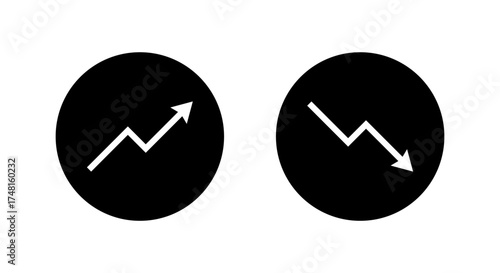 Upward and downward arrow icon in black circle. Profit and loss trend symbol