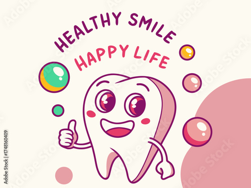 Cartoon Tooth Character Celebrates National Dental Hygiene Month in October with a Thumbs Up on a Light Blue Background