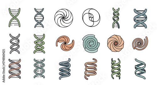 A diverse collection of stylized icons representing DNA double helixes, spirals, and coils in various line art and color designs.