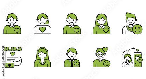 Set of green icons representing people, customer service, and positive emotions isolated on transparent background