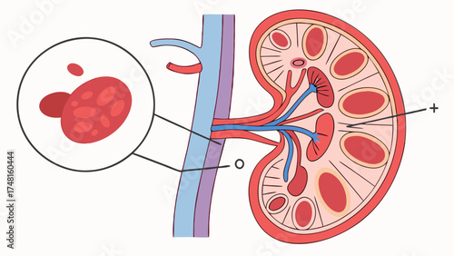 Cross-section of a human organ nephron blood vessels anatomy illustration medical diagram healthcare science.