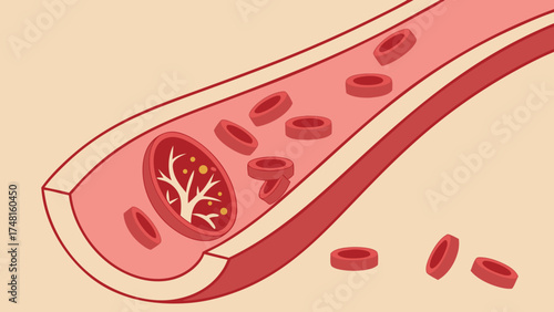Cross-section of artery with blood cells and plaque buildup illustration medical diagram healthcare anatomy.