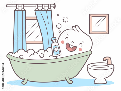 Cute Cartoon Character Enjoying a Relaxing Bubble Bath in a Pastel Colored Bathroom happy