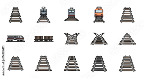 A collection of pixel art icons featuring trains, locomotives, freight cars, and various railway track sections.