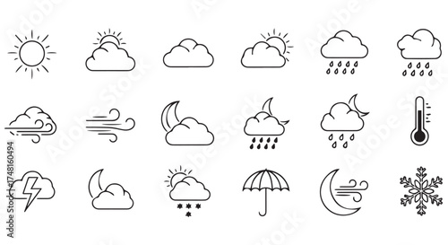 Collection of weather icons including sun, clouds, rain, snow, wind, thermometer, and lightning isolated on transparent background