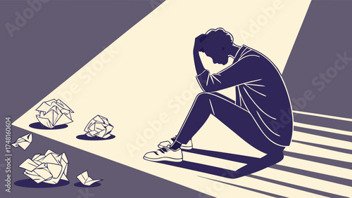 Depressed person sitting on the ground with crumpled papers around them feeling stressed and defeated.