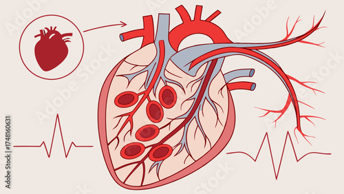 Detailed Illustration of Human Heart Anatomy with Blood Vessels and EKG Waveform.
