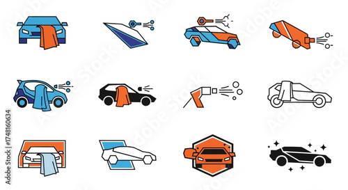 A set of colorful flat design icons illustrating various car wash, detailing, and automotive maintenance services.