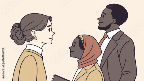 Diverse business team colleagues collaborating professional teamwork modern office illustration successful partnership corporate communication discussion meeting interaction confident pr.