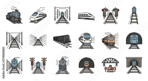 A diverse collection of colorful icons illustrating different types of trains, railway tracks, signals, tunnels, and bridges.