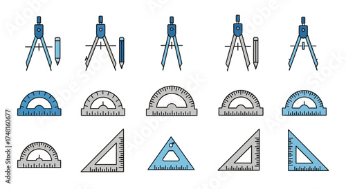 A collection of blue and grey geometric drawing tools, featuring compasses, protractors, and triangular rulers.