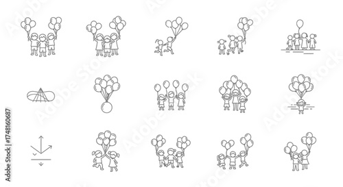 A collection of minimalist line art illustrations depicting various groups of stick figure people holding clusters of balloons, symbolizing celebration, unity, and upward movement.