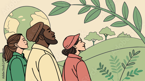 Diverse group of people admiring nature looking at landscape illustration vector art.