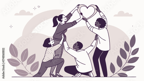 Diverse group of people lifting a heart together teamwork unity collaboration support friendship community concept illustration.