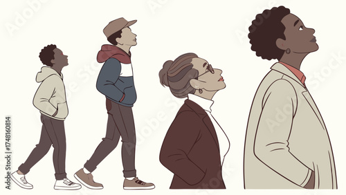 Diverse group of people looking upward vector illustration profile view modern fashion casual clothing.