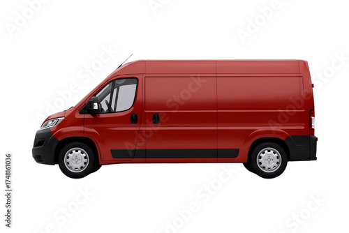 Red commercial cargo van with sliding side door isolated on transparent background