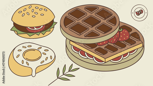 Isometric Illustration of Breakfast and Burger Food Icons Menu Design Restaurant Graphic Flat Lay Style Cute Cartoon Food Simple Drawing Waffles Strawberries Hamburger Fried Egg.