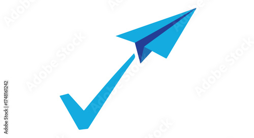 Blue paper airplane with a check mark, symbolizing success and progress, isolated on transparent background