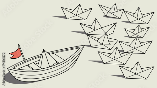 Leadership Teamwork and Success Illustration of a boat leading a fleet of paper boats.