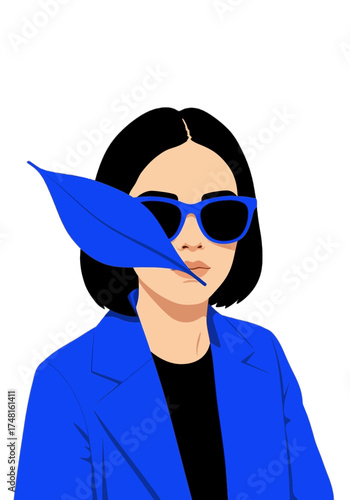 Abstract Flat Vector Portrait of Woman With Blue Leaf